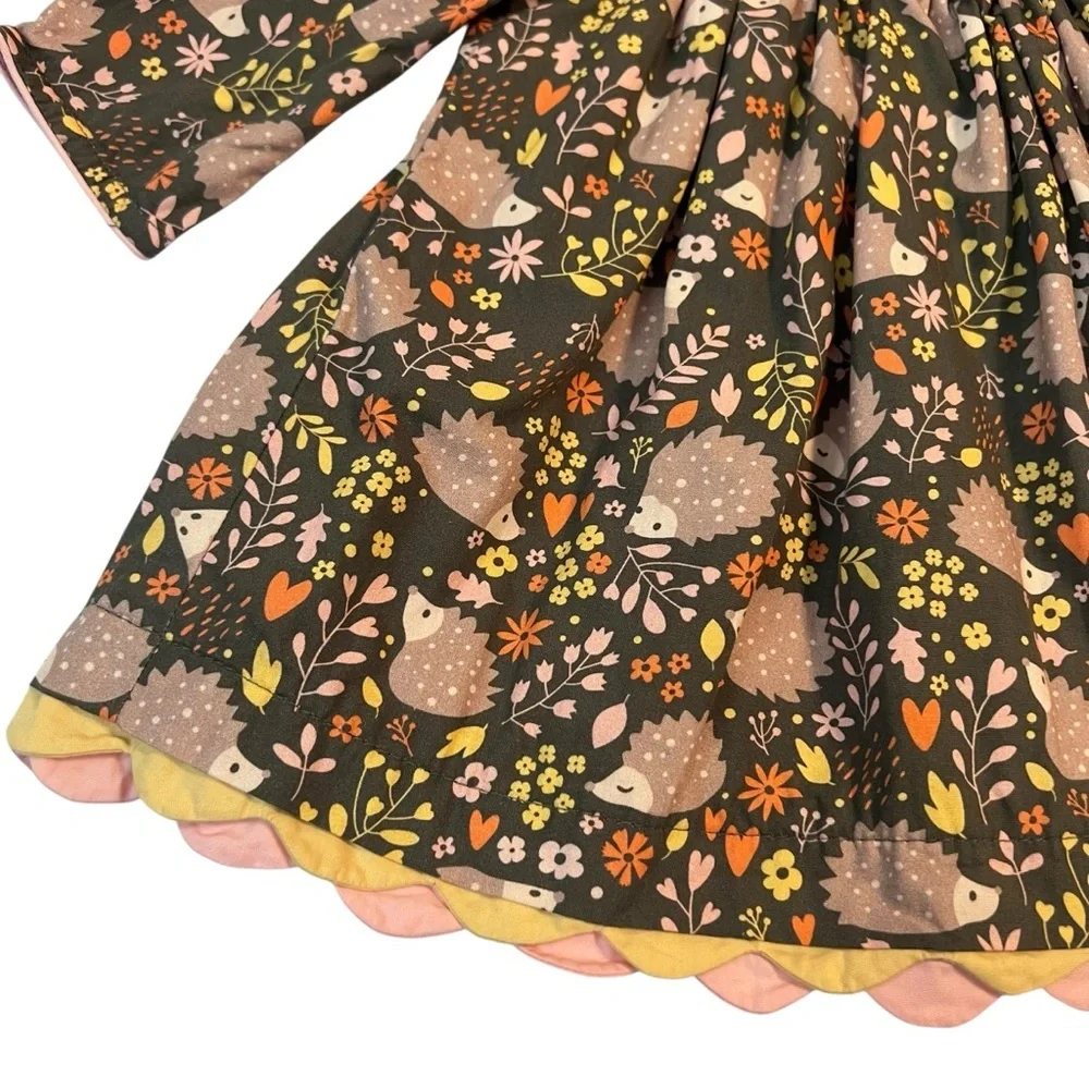 Cotton‎ Kids Hedgehog Print Baby Dress 3M Peter Pan Collar Fall Floral Rare
